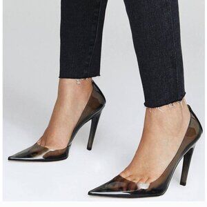 Good American Sz 8 Clear Smoke Black Cinder-F*cking-Rella Stilleto Pumps NWT